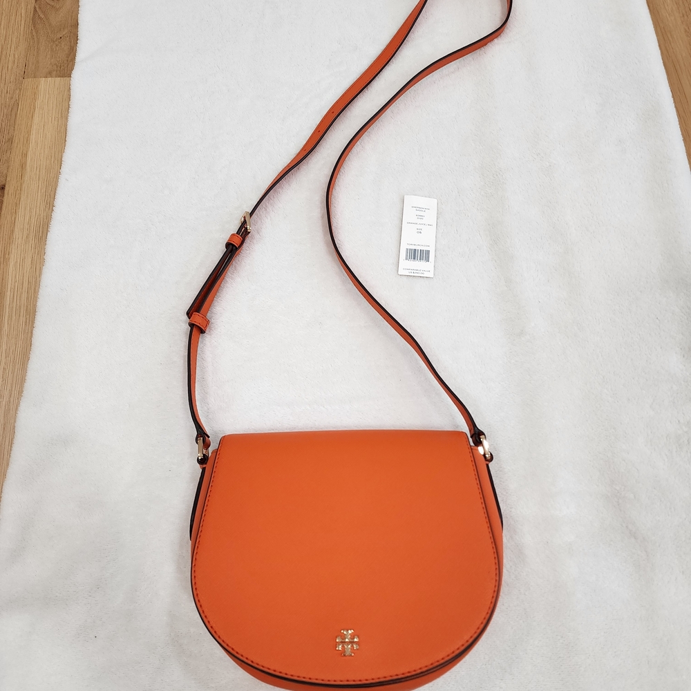 Tory Burch (Orange Juice) Emerson Mini Saddle Crossbody with Gold Logo (Leather)